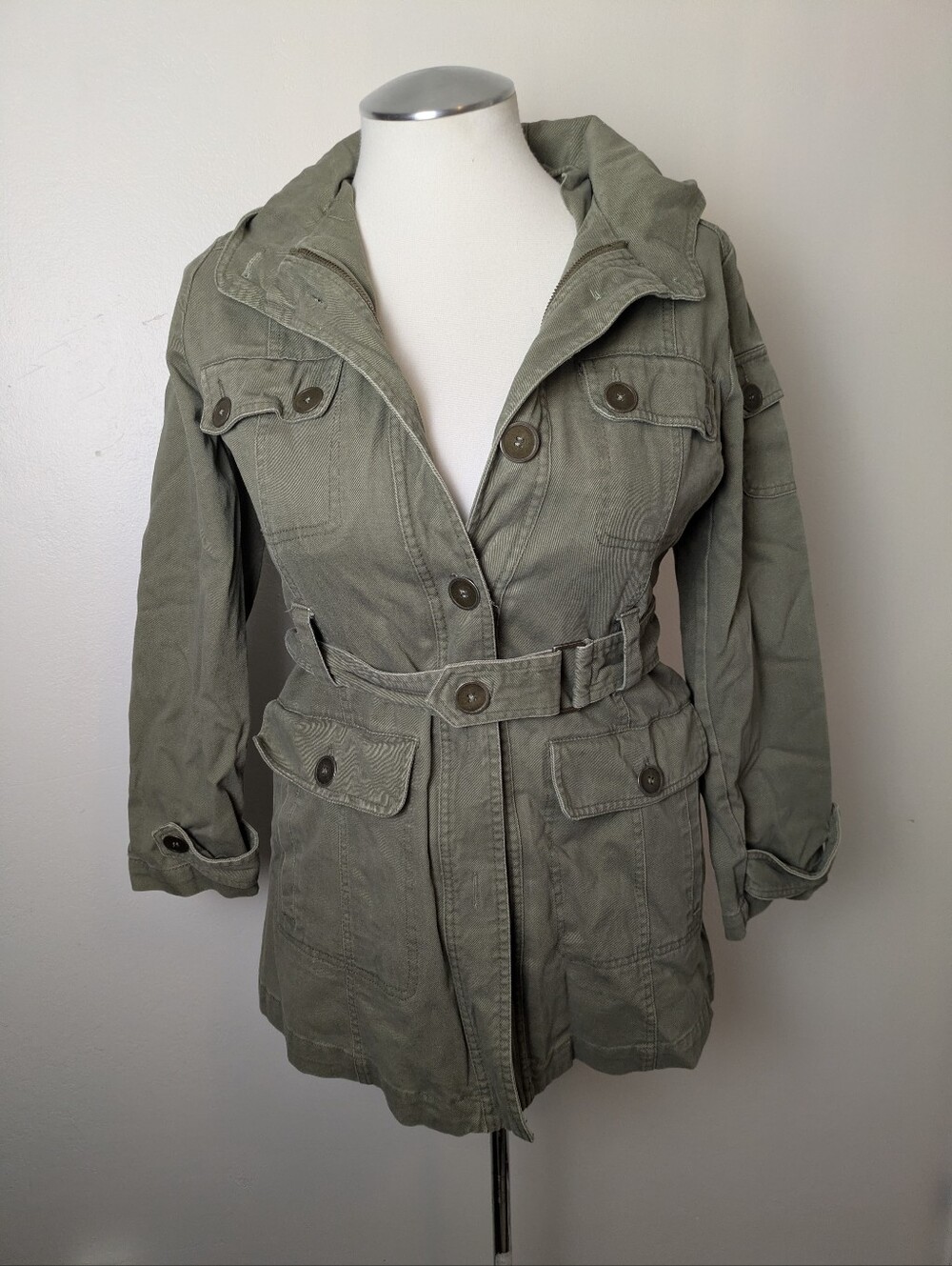 Women's Army Green Jacket Pockets Hood Small